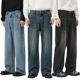 Threebooy Spring autumn Half Elastic Waist Trousers Fashion American Retro Jeans Men's Loose Straightclean fitWide-leg pants